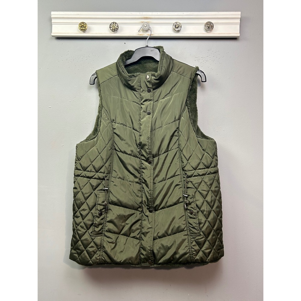 Mo-Ka Vest Women XL Olive Green Reversible Quilted Faux Fur Puffer Gorpcore
